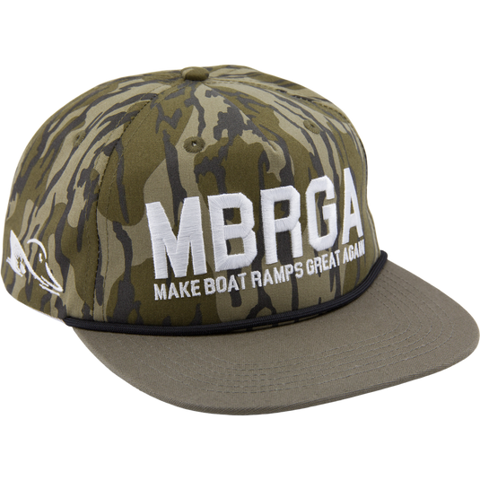 Drake x Lost Hat MBRGA Hybrid Patch Goat Rope Cap featuring camouflage pattern, embroidered Make Boat Ramps Great Again, flat bill, and adjustable snap back.