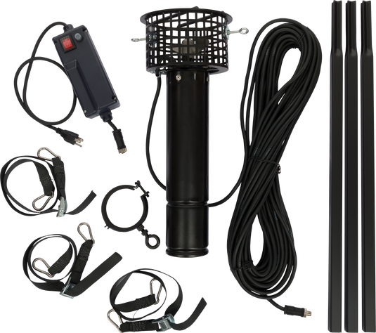Close-up of the Drake 1 HP Ice Grinder, featuring a black cylindrical device with wires, a metal clasp, and an aluminum prop for ice breaking.