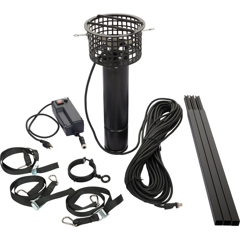 Close-up of the Drake 1 HP Ice Grinder with attached cables and metal housing, designed for creating motion in decoy spreads.