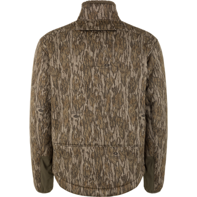 The Non-Typical Midweight Nova Silencer Jacket with Scent Control by Nontypical is shown from the back in brown and olive camo, featuring a high collar, green sleeve patches, and anti-odor technology.