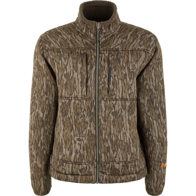 A Mossy Oak Bottomland Non-Typical Midweight Nova Silencer Jacket with Scent Control by Nontypical, featuring a high collar, two front pockets, and visible stitching, displayed on a plain white background.