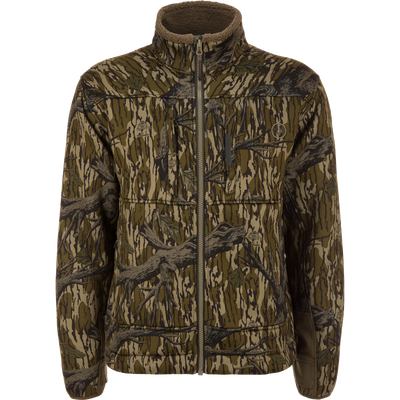 The Non-Typical Midweight Nova Silencer Jacket with Scent Control by Nontypical in Mossy Oak Original Treestand features a zip-up design, high collar, chest logo, and scent control—ideal for outdoor or hunting use.