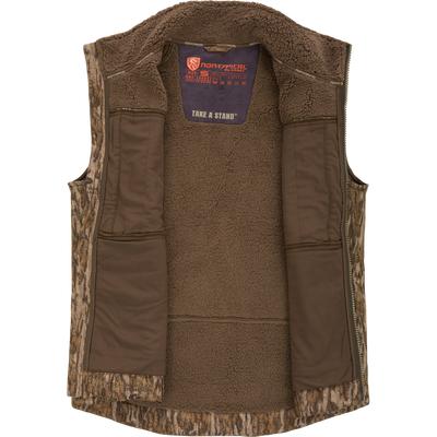 Midweight Nova Silencer Vest with Agion Active X2, featuring a camouflage shell, brown fleece lining, zip-front, interior pockets, and safety harness pass-through, ideal for hunting enthusiasts.