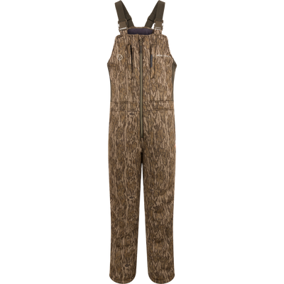 Nontypical Non-Typical Midweight Nova Silencer Bib with Scent Control in Mossy Oak Bottomland—midweight camouflage overalls with front zipper and adjustable straps, perfect for hunting; shown on a plain white background.