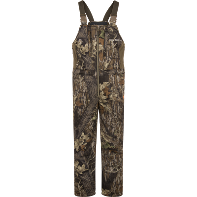 The Non-Typical Midweight Nova Silencer Bib with Scent Control by Nontypical features Mossy Oak Original Break Up camo, adjustable straps, zip front, scent control tech, and multiple pockets—ideal for hunting and outdoor use.
