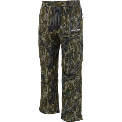 Non-Typical Midweight Nova Silencer Pant with Scent Control by Nontypical in Mossy Oak Original Treestand, featuring button closure, zippered pockets, scent control, and upper left thigh branding. Shown upright on white background.