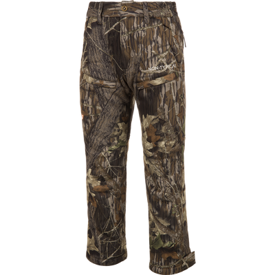 The Non-Typical Midweight Nova Silencer Pant with Scent Control by Nontypical features Mossy Oak Original Break Up camo, front and side pockets, adjustable ankle cuffs, anti-odor tech, and NON-TYPICAL embroidery.