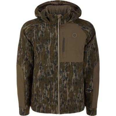 A front view of the Non-Typical Midweight Hydrowool Softshell Jacket with Scent Control by Nontypical, in Mossy Oak Original Bottomland, featuring zip closure, zip chest pocket, and solid brown shoulder and elbow panels.