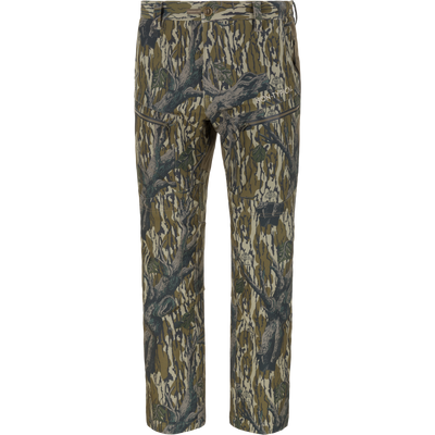 Non-Typical Pursuit Softshell Pant with Agion Active X2 in Mossy Oak Original Treestand, featuring a full-length camouflage design and zippered thigh pockets.