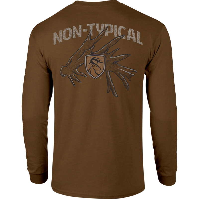 Non-Typical Shed Long Sleeve T-Shirt showcasing lightweight fabric, crafted with a 60% cotton and 40% polyester blend, ideal for casual wear and outdoor activities.
