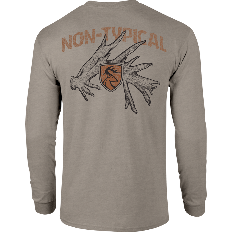 Non-Typical Shed Long Sleeve T-Shirt featuring lightweight cotton-poly blend and long sleeves, ideal for casual wear and outdoor activities.
