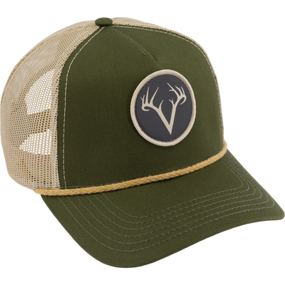 Non-Typical x Lost Hat Ea5y-R Trucker Rope Cap featuring an olive front and tan mesh back, with antler patch and braided rope detail above the brim.