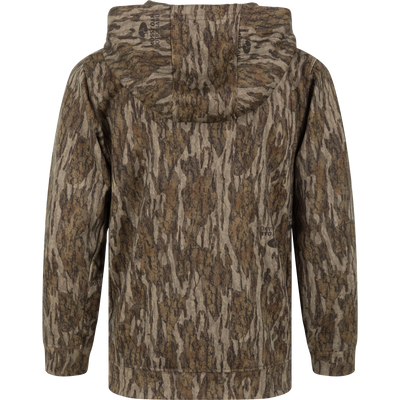 The Non-Typical Youth Performance Hoodie with Agion Active X2 by Nontypical features a brown, green, and tan tree bark camo pattern and advanced anti-odor tech, shown from the back against a white background.