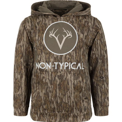 The Non-Typical Youth Performance Hoodie with Agion Active X2 by Nontypical features a Mossy Oak Bottomland camo, hood, front antler logo with “NON-TYPICAL,” and anti-odor technology for active youth.
