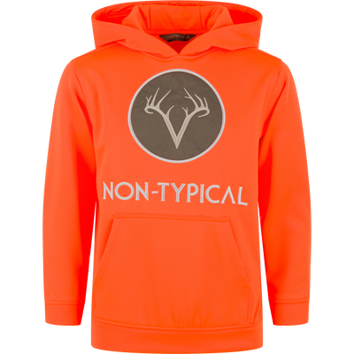 The Non-Typical Youth Performance Hoodie with Agion Active X2 by Nontypical is blaze orange, has a front pocket, circular antler logo above “NON-TYPICAL” in white, and features Agion Active X2 for anti-odor freshness.
