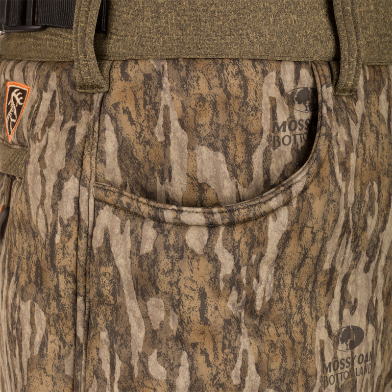 Close-up of the Silencer Soft Shell Pant with Agion Active XL, highlighting a front pocket with ultra-quiet, stretchable fabric and scent control technology.
