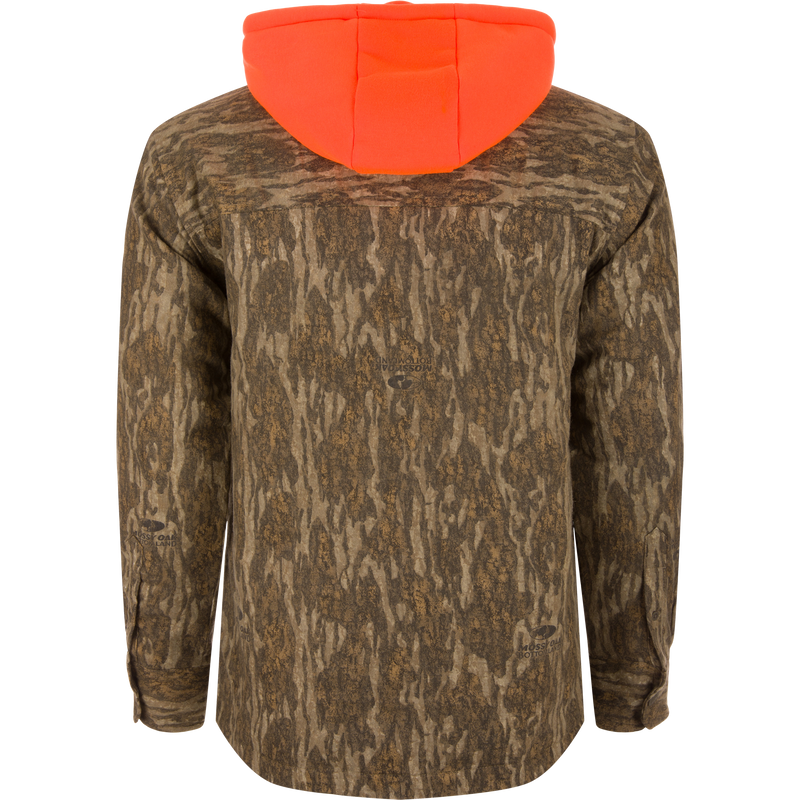 Non-Typical Campfire Hoodie with Mossy Oak camo, bright orange hood, and multiple pockets. Displayed on mannequin, showcasing functional hunting gear by Drake Waterfowl.