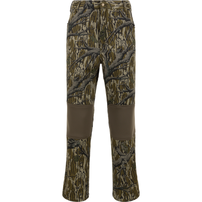 Non-Typical Endurance Pant with Scent Control by Nontypical in Mossy Oak Original Treestand; fleece-lined, reinforced brown knee patches, tree branch and leaf pattern, and front button closure, shown on white background.
