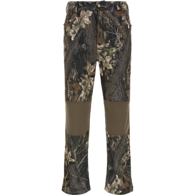 Nontypical Non-Typical Endurance Pant with Scent Control in Mossy Oak Original Break Up features reinforced knees, fleece lining, multiple pockets, and button closure. Shown on a plain white background.