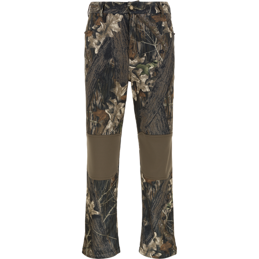 Nontypical Non-Typical Endurance Pant with Scent Control in Mossy Oak Original Break Up features reinforced knees, fleece lining, multiple pockets, and button closure. Shown on a plain white background.