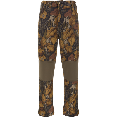 Nontypical Non-Typical Endurance Pant with Scent Control in Mossy Oak Fall Foliage features reinforced olive green knee patches and a straight leg cut, shown on a plain white background.