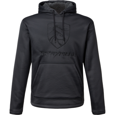 Non-Typical Silencer Hoodie with Agion Active X2 featuring a drawstring hood, kangaroo pocket, and embroidered crest on a mannequin, highlighting its performance-grade, noise-reducing design.