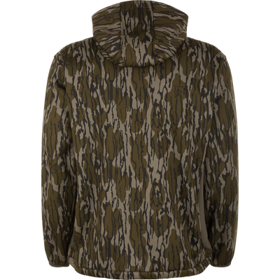 Back view of the Non-Typical Endurance Hooded Full Zip Jacket with Scent Control in green and brown camo, mid-weight, long sleeves, relaxed fit, no visible logos, and hood up.