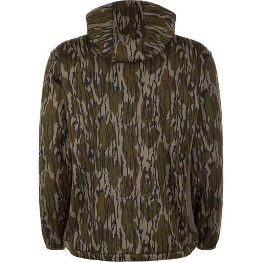Back view of the Non-Typical Endurance Hooded Full Zip Jacket with Scent Control in green and brown camo, mid-weight, long sleeves, relaxed fit, no visible logos, and hood up.