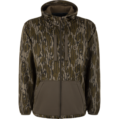 The Non-Typical Endurance Hooded Full Zip Jacket with Scent Control by Nontypical features a camo Mossy Oak Original Bottomland pattern, hood, front zipper, chest and side pockets, plus fitted waist and cuffs.