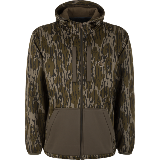 The Non-Typical Endurance Hooded Full Zip Jacket with Scent Control by Nontypical features a camo Mossy Oak Original Bottomland pattern, hood, front zipper, chest and side pockets, plus fitted waist and cuffs.