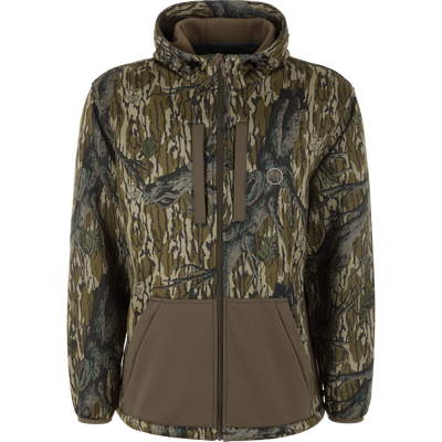 Nontypical Non-Typical Endurance Hooded Full Zip Jacket with Scent Control in Mossy Oak Original Treestand, featuring chest and hand pockets, full zip, mid-weight design, shown on a plain white background.