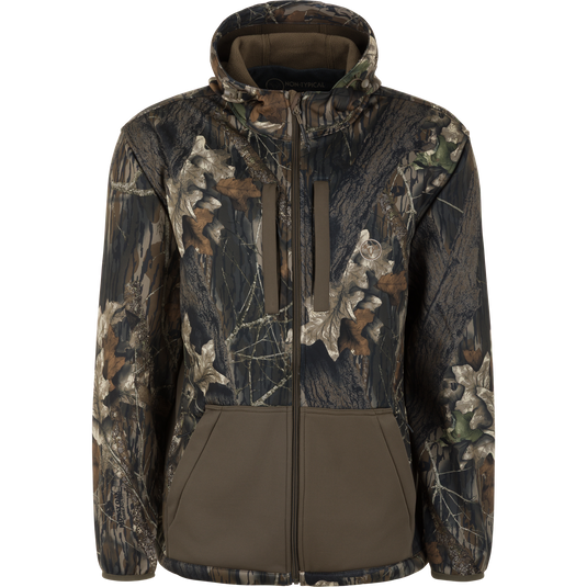 The Non-Typical Endurance Hooded Full Zip Jacket with Scent Control by Nontypical features a hood, front zipper, two side pockets, and comes in Mossy Oak Original Break Up.