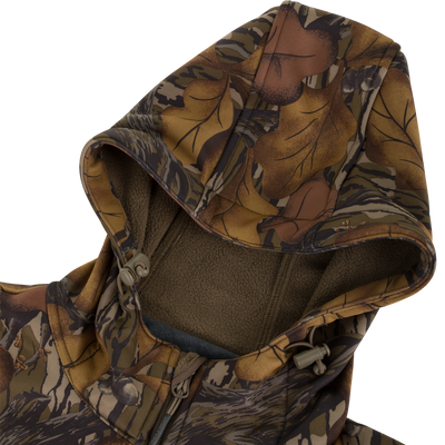 Non-Typical Endurance Hooded Full Zip Jacket with Scent Control in a camo pattern, featuring a fleece-lined interior and an adjustable hood with drawstring cord locks.