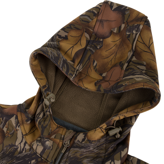 Non-Typical Endurance Hooded Full Zip Jacket with Scent Control in a camo pattern, featuring a fleece-lined interior and an adjustable hood with drawstring cord locks.