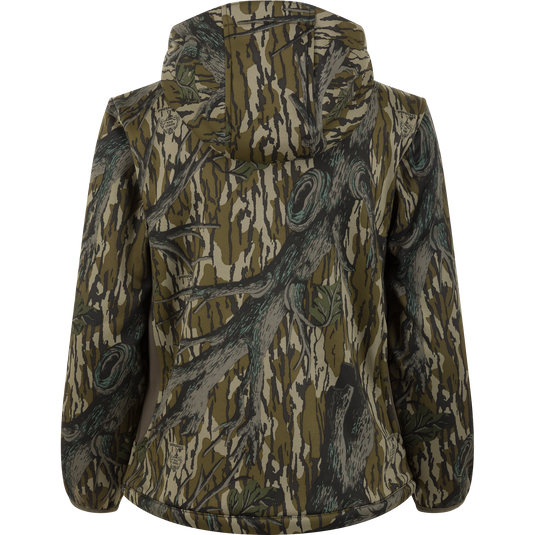 Back view of a Nontypical Youth Endurance Full Zip Jacket with Hood in a woodland camouflage print of tree bark and branches.
