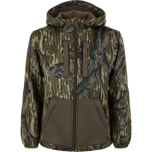 Nontypical Youth Endurance Full Zip Jacket with Hood in Mossy Oak Original Treestand camo with a solid dark brown pocket and scent control technology.