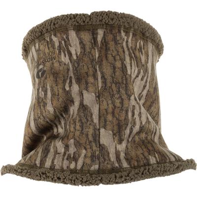 The Nontypical Non-Typical Youth Silencer Sherpa Fleece Neck Gaiter with Scent Control features a brown camo pattern and olive-green sherpa trim, ideal for cold weather. Shown on a plain white background.