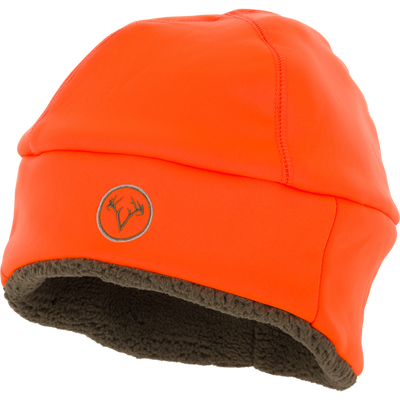 The Nontypical Non-Typical Silencer Sherpa Fleece Beanie features bright orange silencer fabric, brown sherpa fleece lining, and a front round logo with a deer outline.
