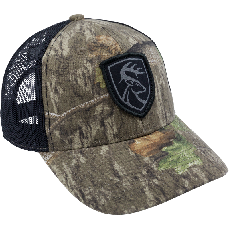 Mesh-Back Patch Logo Cap with a black and grey deer head patch, featuring 100% cotton twill front panels and breathable mesh back with snap closure.