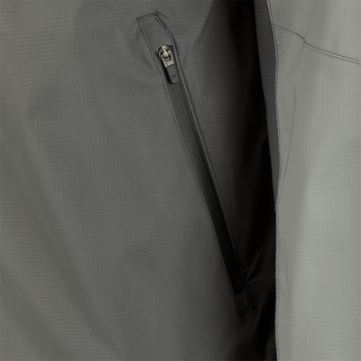 Close-up of the Ultra-Lite Backwaters Waterproof Stretch Jacket's center front zipper, highlighting its water-resistant Vislon design for optimal weather protection.