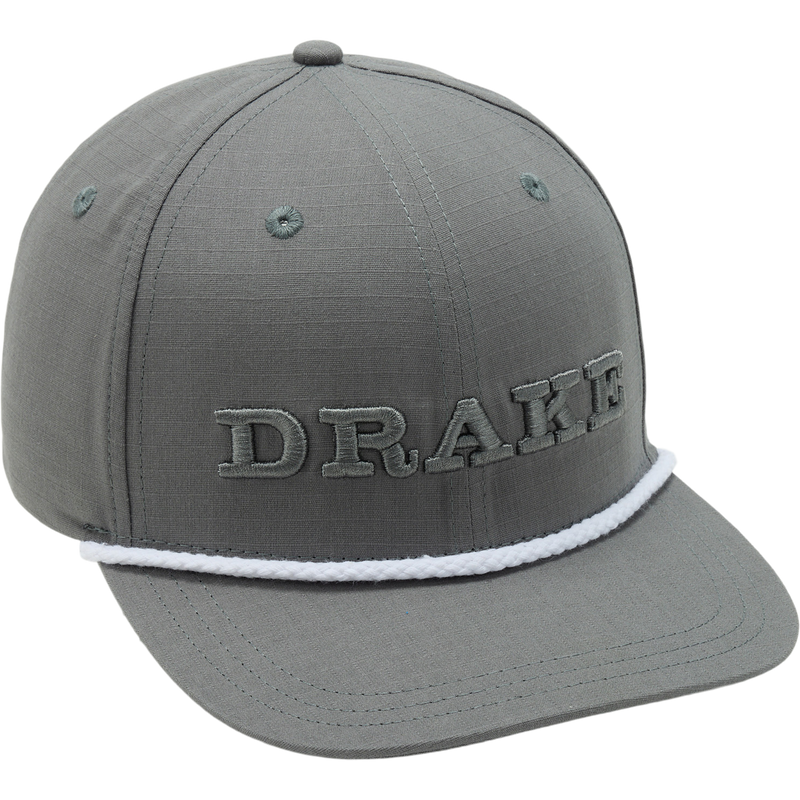 DPF Flatbill Ripstop Rope Cap with DRAKE embroidery, high crown, structured design, rounded flat bill, and decorative rope above brim, ideal for stylish sun protection.