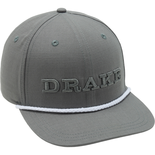 DPF Flatbill Ripstop Rope Cap with DRAKE embroidery, high crown, structured design, rounded flat bill, and decorative rope above brim, ideal for stylish sun protection.
