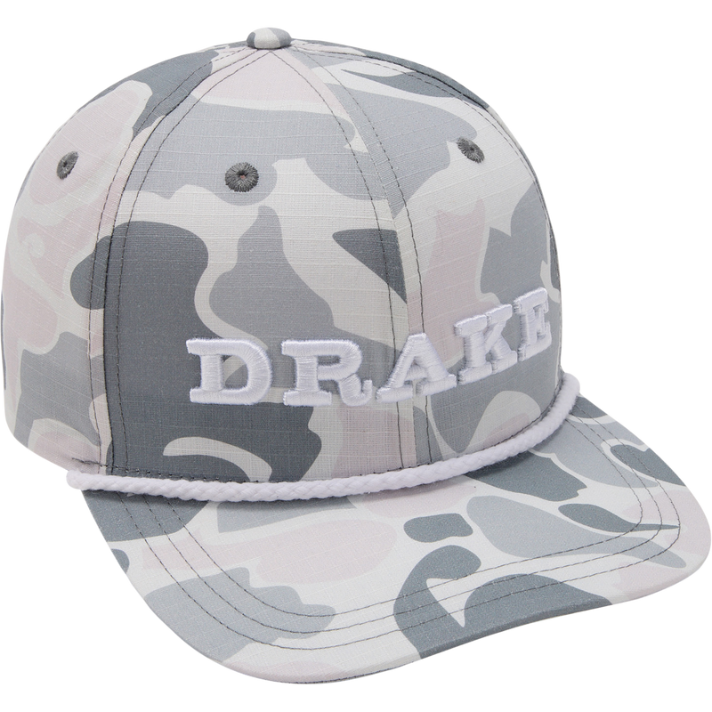 DPF Flatbill Ripstop Rope Cap with raised DRAKE embroidery, structured high crown, and decorative rope detail, featuring durable polyester-cotton blend and rounded flat brim.
