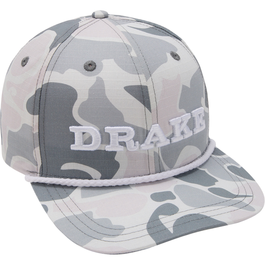 DPF Flatbill Ripstop Rope Cap with raised DRAKE embroidery, structured high crown, and decorative rope detail, featuring durable polyester-cotton blend and rounded flat brim.