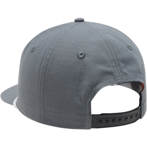 DPF Flatbill Ripstop Rope Cap shown from the back, featuring a high crown, structured design, and adjustable snap closure on a clear plastic head form.