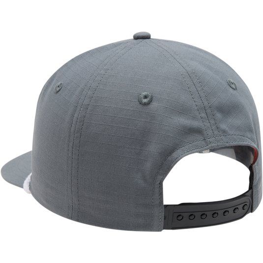DPF Flatbill Ripstop Rope Cap shown from the back, featuring a high crown, structured design, and adjustable snap closure on a clear plastic head form.