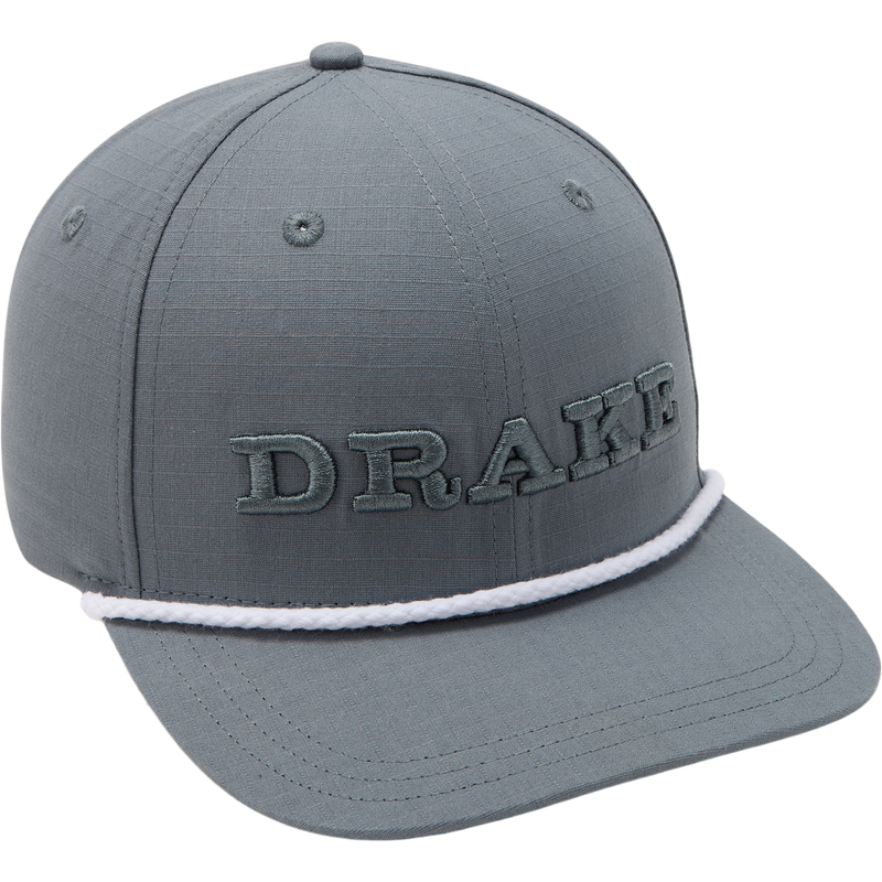 DPF Flatbill Ripstop Rope Cap with high crown and structured design, featuring an embroidered DRAKE logo and white braided cord above the rounded flat brim.