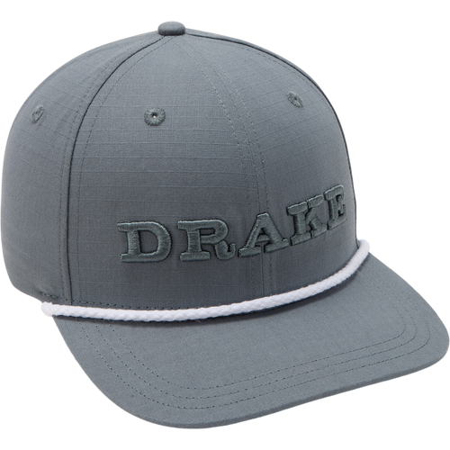DPF Flatbill Ripstop Rope Cap with high crown and structured design, featuring an embroidered DRAKE logo and white braided cord above the rounded flat brim.