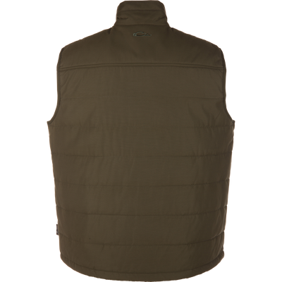 Delta Featherless Down Vest, dark olive-green, quilted puffer-style with visible horizontal stitching and embroidered logo, designed for lightweight warmth and performance in variable conditions.