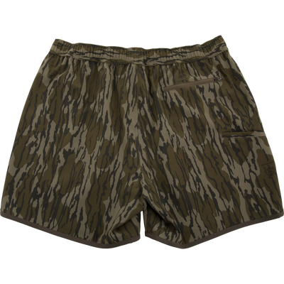 Lake Shore Shorty Short with tiger-stripe camouflage, elastic waistband, zip-up pocket, and brown piping, ideal for water activities and mobility.